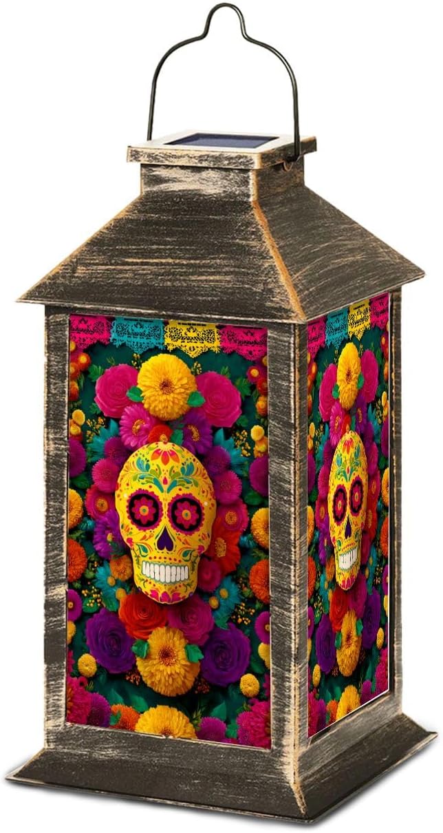 Solar Lantern Dia De Los Muertos Sugar Skull Marigold Floral Papel Picado Colorful Outdoor Garden Hanging Lantern Waterproof Solar Powered Lighting Outside Table Lamp for Deck Yard Camping Patio Decor - sugar skull table lamp