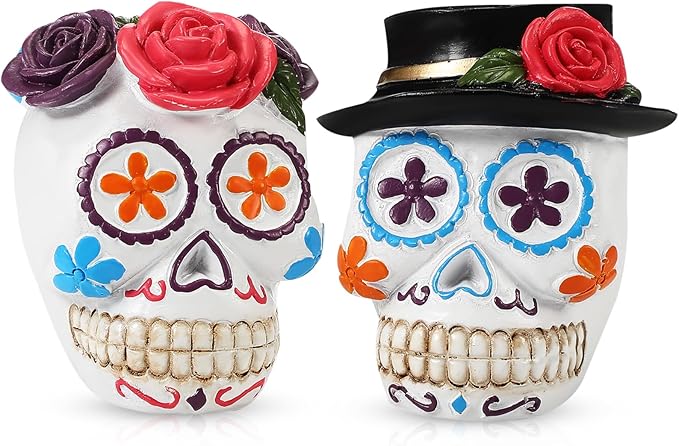Roowest 2 Pcs Sugar Skull Couple Decor Day of the Dead Resin Figurines Dia De Los Muertos Gifts Multicolor Floral Skeleton Ofrenda Altar Table Top Decorations for Home Halloween Tiered Tray Desk Decor - sugar skull christmas ornament