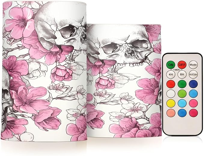 Abstract Sugar Skull Flower Flameless Candles with Remote Control and Timer,Battery Operated LED Pillar Candles Adjustable Brightness for Ourdoor Indoor Use,Home Decor,2 Pack - sugar skull table lamp