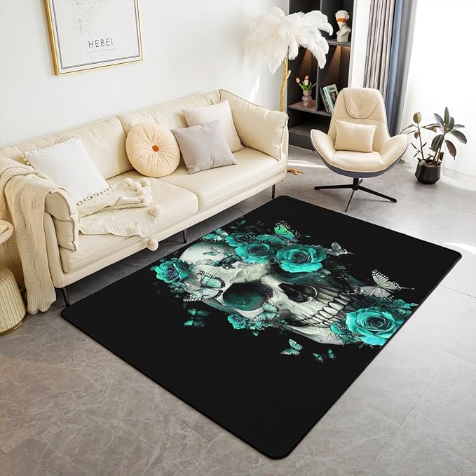 Erosebridal Gothic Skull Area Rug 6'6" x 4'11" Goth Halloween Carpet Turquoise Rose Floral Indoor Floor Mat Sugar Skull Butterfly Decorative Washable Rug - sugar skull area rug