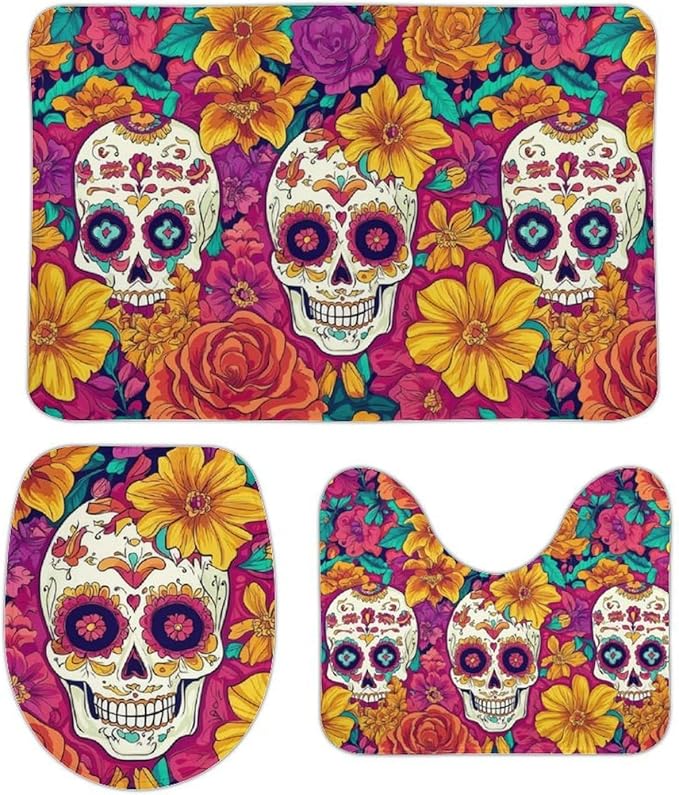 Sugar Skull Day of The Dead Flowers Bathroom Rugs Sets 3 Piece Coral Velvet Quick Drying Bath Rugs Toilet Seat Cover U-Shaped Mat for Bathroom Kitchen 19.7"x31.5" - sugar skull floor mat