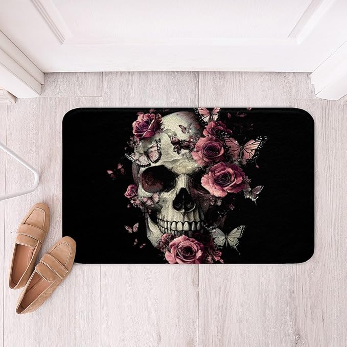 Erosebridal Gothic Skull Bathroom Rugs 20"x 32" Goth Halloween Bath Mat Pink Rose Floral Doormat Sugar Skull Butterfly Non Slip Bath Rug - sugar skull toilet mat set