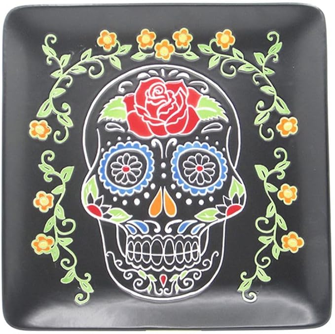 Blue Sky Clayworks Calvin Sugar Skull Salad Plate, 7.87" L - sugar skull plates set