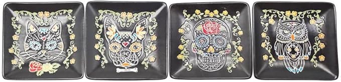 Blue Sky Clayworks Calvin Sugar Skull Appetizer Plate, 5.02" L x 5.02" W x 0.77" H, Set of 4 - sugar skull plates set