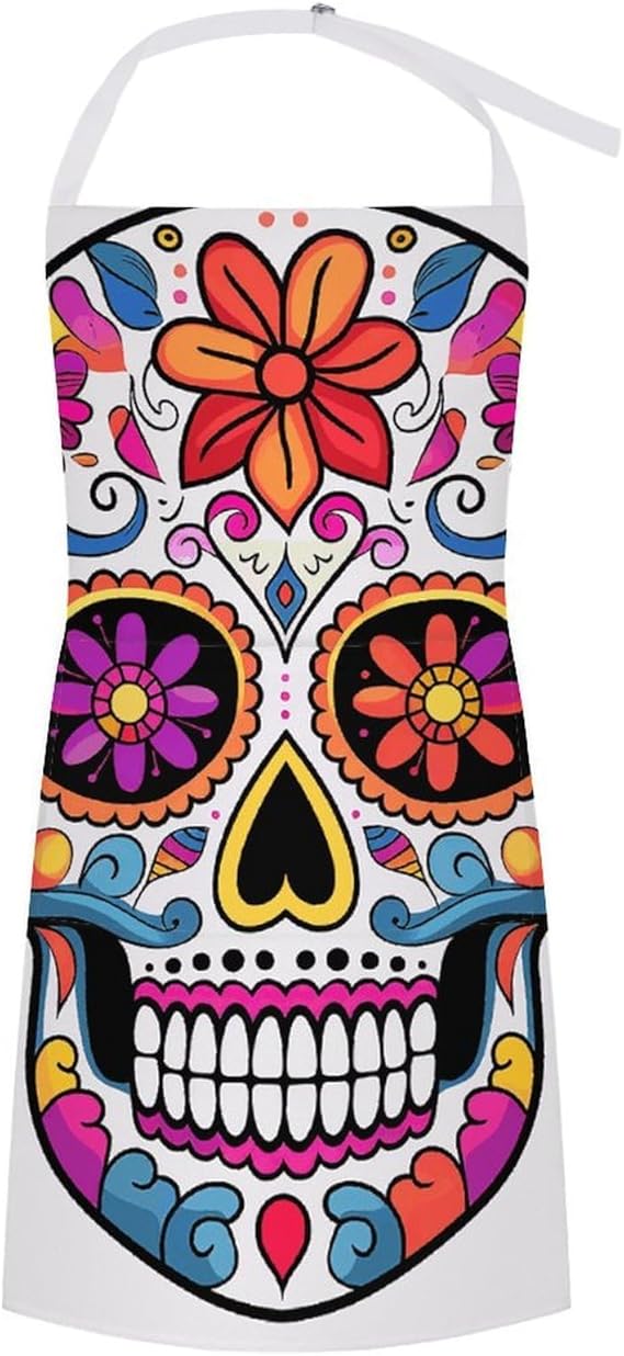 Sugar Skull Apron with Pockets - Kitchen Cooking Aprons Soft Chef Apron Adjustable Bib Aprons for Kitchen BBQ Painting Baking Crafting - sugar skull apron for women