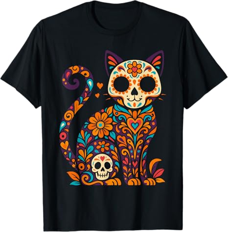 Skull Cat Dia De Los Muertos Decorations - sugar skull t-shirt womens