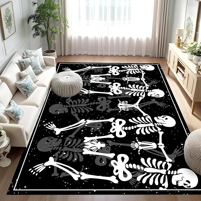 Halloween Themed Rug, 4x6ft, Abstract Spooky Sugar Skull Decor Cute Funny Dancing Skeleton Area Rug, Ultra-Thin Breathable Gothic Black and White Carpet for Entrance Kitchen - sugar skull area rug