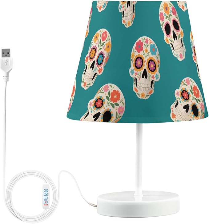 ALAZA Table Lamp Skull Blue Skeleton Sugar Bedside Lamp for Bedroom LED Nightstand Desk Lamp with USB Port, 3 Way Temperatures - sugar skull table lamp