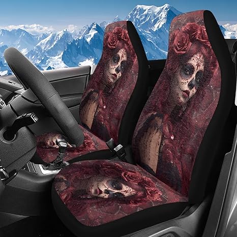 Bulopur Sugar Skull Girl Car Seat Covers Fluffy Fuzzy Seat Covers for Carseats Women Automotive High Back Bucket Car Seats Cover & Accessories for SUV Truck Van Sedans - sugar skull car seat covers set