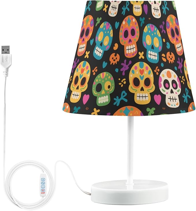 Table Lamp Skull Black Skeleton Sugar Bedside Lamp for Bedroom LED Nightstand Desk Lamp with USB Port, 3 Way Temperatures - sugar skull table lamp