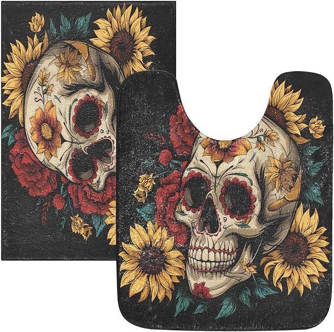 ALAZA Sugar Skull Peonies and Sunflowers Bathroom Mats Set, 2-Piece Set, Rectangle Bath Mat 16 x 24 inch and U-Shaped Toilet Mat 20x24 inch,Non-Slip Absorbent Soft Bathroom Rug Floor Mats - sugar skull toilet mat set