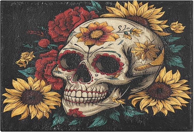 ALAZA Sugar Skull Peonies and Sunflowers Bath Mat Rectangle Non-Slip Absorbent Bathroom Rug Floor Mat for Bathroom Living Room Bedroom,16 x 24 inch - sugar skull floor mat