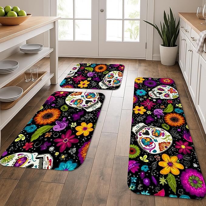 Colorful Kitchen Mats for Floor, Floral Sugar Skull Pattern Soft Mats, Cushioned Comfort Washable Non Slip Decor Rugs for Kitchen Sinks Laundryroom Bathroom 3Pcs - sugar skull area rug