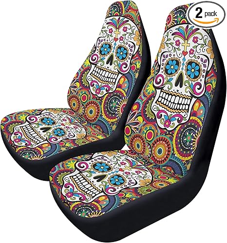 Dia de Los Muertos Mexican Sugar Skull Car Seat Covers and Floor Mats Colorful Calaveras Skeleton Auto Interior Set for Festive Seat and Floor Protection (3pcs Front+Back seat Covers) - sugar skull car floor mats