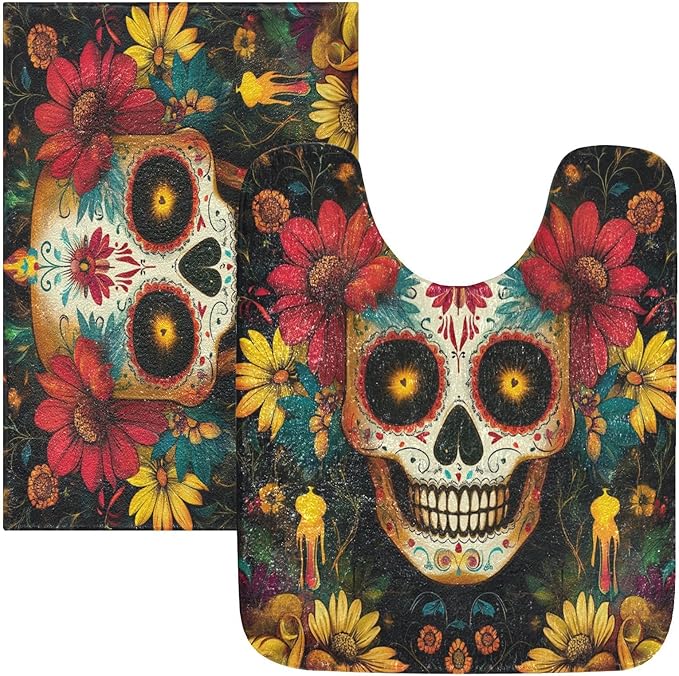 ALAZA Sugar Skull and Flowers Bathroom Mats Set, 2-Piece Set, Rectangle Bath Mat 16 x 24 inch and U-Shaped Toilet Mat 20x24 inch,Non-Slip Absorbent Soft Bathroom Rug Floor Mats - sugar skull toilet mat set