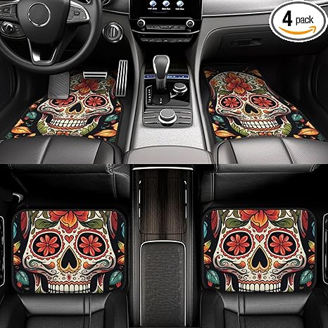 4 Piece Car Floor Mats Heavy Duty All-Weather Front Rear Floor Foot Mat Colorful Sugar Skull Car Foot Pad Non-Slip Car Carpet Mats Full Set Driver Heel Pad Universal Car Accessories - sugar skull car floor mats