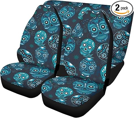 Day of The Dead Sugar Skull Car Seat Covers and Floor Mats – Mexican Calaveras Skeleton Auto Interior Kit for Festive Vehicle Upholstery and Rug Protection (2pcs Front seat Covers) - sugar skull car floor mats