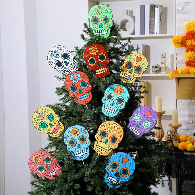 Jenaai 12 Pcs Day of The Dead Decorations Tree Picks Large Dia De Los Muertos Sugar Skull Ornaments Halloween Skeleton Head Tree Topper for Home Office Christmas Xmas Party Vase Decoration - sugar skull christmas ornament