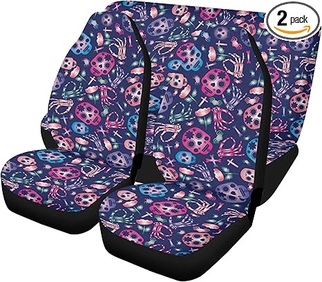 Vibrant Sugar Skull Car Seat Covers and Floor Mats – Dia de Los Muertos Mexican Calaveras Auto Interior Set for Festive Seat and Carpet Protection (2pcs Front seat Covers) - sugar skull car floor mats
