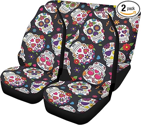 Dia de Los Muertos Sugar Skull Car Seat Covers and Floor Mats – Colorful Mexican Calaveras Auto Interior Set for Festive Vehicle Upholstery and Carpet Protection (2pcs Front mats) - sugar skull car floor mats