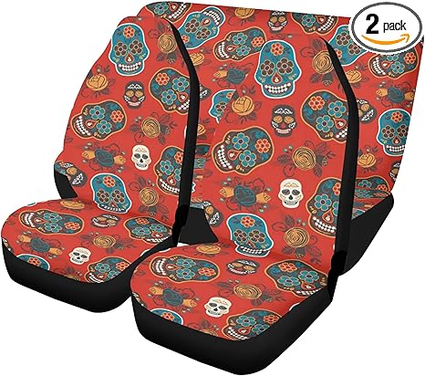 Mexican Calaveras Sugar Skull Car Seat Covers and Floor Mats – Day of The Dead Interior Accessories for Festive Vehicle Upholstery and Floor Decoration (2pcs Front seat Covers) - sugar skull car seat covers set