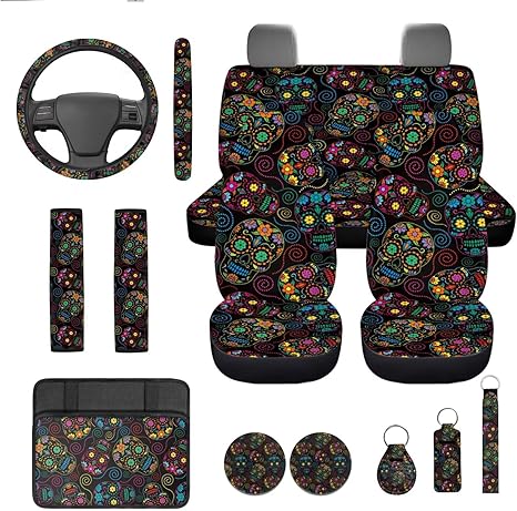 XYZCANDO Sugar Skull Car Seat Covers Full Set 13 Pcs Car Center Console Cover Steering Wheel Cover Cars Seat Belt Cover Auto Water Cup Coaster Comfortable Fit for Cars and SUVs - sugar skull car seat covers set