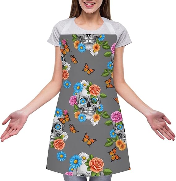 Women's Funny Kitchen Apron, Water Oil Proof Bib with Pocket, Durable for BBQ Housework Crafting - sugar skull apron for women