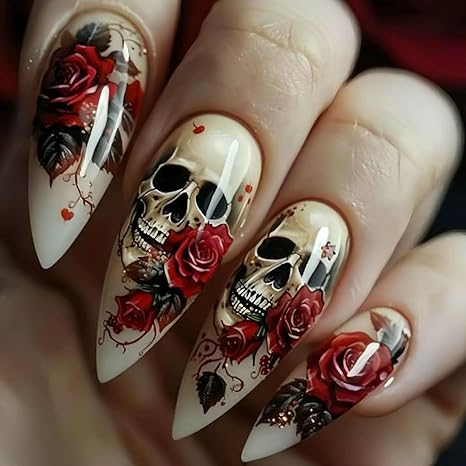 Halloween Press on Nails Medium Almond Fake Nails with Holiday Sugar Skull Design Acrylic Nails Glossy Artificial Glue on Nails for Women 24Pcs Pattern 02 - sugar skull nail art