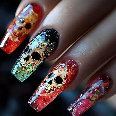 Halloween Press on Nails Long Coffin Fake Nails with Holiday Sugar Skull Design Acrylic Nails Glossy Artificial Glue on Nails for Women 24Pcs Pattern 12 - sugar skull nail art