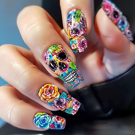 Halloween Press on Nails Medium Coffin Fake Nails with Holiday Sugar Skull Design Acrylic Nails Glossy Artificial Glue on Nails for Women 24Pcs Pattern 06 - sugar skull nail art
