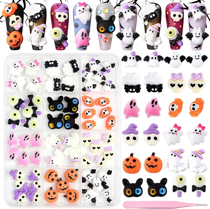 72Pcs/Box Halloween Nail Charms Cute Resin Ghost Pumpkin Nail Rhinestones Bow Skull Cats Bat Nail Art Charm Spider Spider Web Nail Jewelry Pink Ghost Nail Supplies for Women Nail Gems Nail Accessories - sugar skull nail art