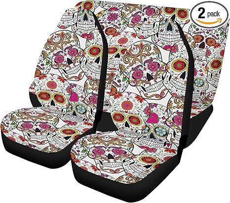 Mexican Calaveras Sugar Skull Car Seat Covers and Floor Mats – Day of The Dead Interior Accessories for Festive Vehicle Upholstery and Floor Decoration (2pcs Front seat Covers) - sugar skull car floor mats