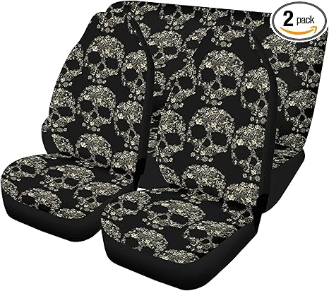 Dia de Los Muertos Sugar Skull Car Seat Covers and Floor Mats Set – Colorful Mexican Calaveras Candy Skull Auto Interior Accessories for Unique Vehicle Protection (3pcs Front+Back seat Covers) - sugar skull car floor mats