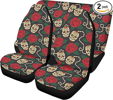Dia de Los Muertos Sugar Skull Car Seat Covers and Floor Mats – Mexican Candy Skull Calaveras Auto Interior Set for Colorful Seat and Carpet Protection (3pcs Front+Back seat Covers) - sugar skull car seat covers set