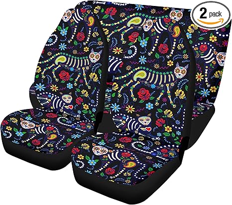 Dia de Los Muertos Sugar Skull Car Seat Covers and Floor Mats Set – Colorful Mexican Calaveras Candy Skull Auto Interior Accessories for Unique Vehicle Protection (4pcs Front+Back mats) - sugar skull car floor mats