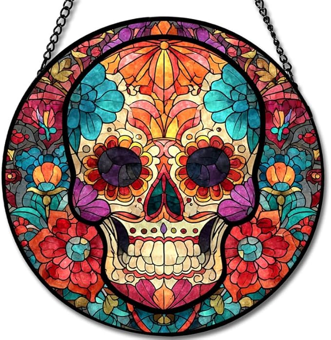 Floral Sugar Skull Stained Glass Window Hanging - Sun Catchers Indoor Window Stained Glass Panels Wall Decor for Mom，Wife，Lovers 7.8in - sugar skull christmas ornament