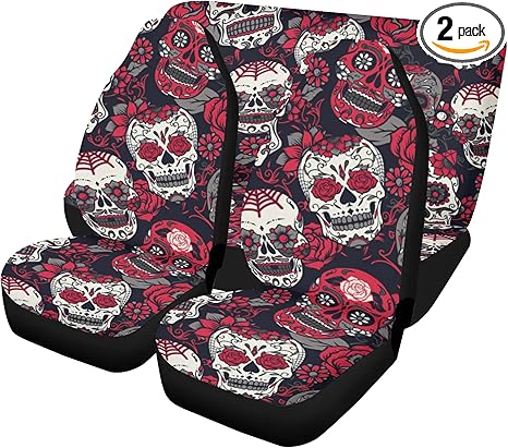 Mexican Sugar Skull Car Seat Covers and Bright Floor Mats – Dia de Los Muertos Calaveras Auto Upholstery Protection for Festive Vehicle Style (3pcs Front+Back seat Covers) - sugar skull car seat covers set