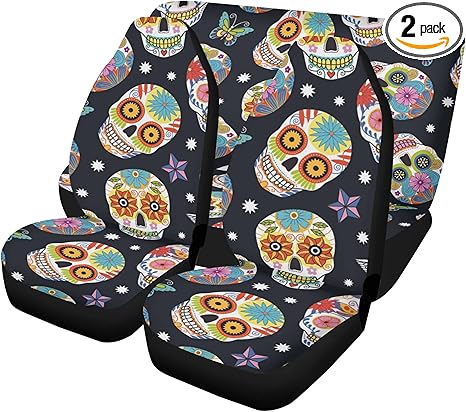 Mexican Fiesta Sugar Skull Car Seat Covers and Coordinating Floor Mats – Dia de Los Muertos Calaveras Auto Upholstery Kit for Colorful Seat and Carpet Protection (2pcs Front seat Covers) - sugar skull car seat covers set