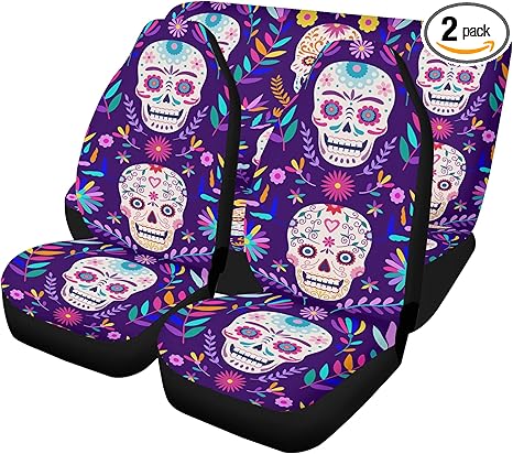 Mexican Fiesta Sugar Skull Car Seat Covers and Coordinating Floor Mats – Dia de Los Muertos Calaveras Auto Upholstery Kit for Colorful Seat and Carpet Protection (2pcs Front seat Covers) - sugar skull car floor mats