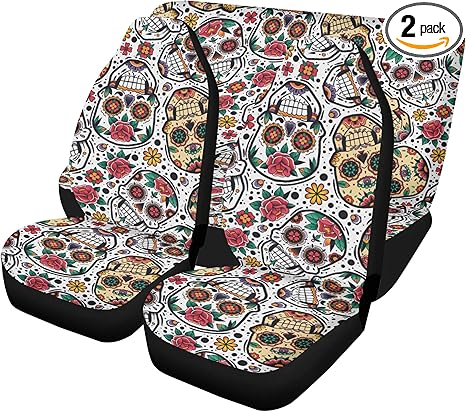 Colorful Sugar Skull Car Seat Covers and Custom Floor Mats – Dia de Los Muertos Calaveras Auto Interior Decor for Festive Seat and Floor Protection (3pcs Front+Back seat Covers) - sugar skull car floor mats