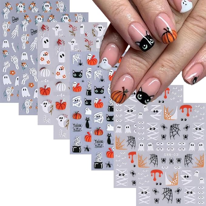 8 Sheets Halloween Nail Art Stickers Decals 3D Self-Adhesive Horror Ghost Spider Web Spider Pumpkin Hand Bone Skull Black Cat Nail Stickers Cute Halloween Nail Decals for Women - sugar skull nail art
