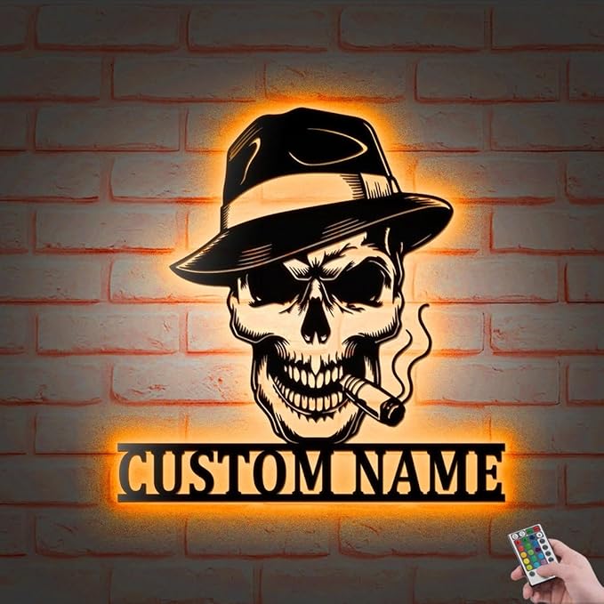 Custom Gangster Sugar Skull Metal Wall Art LED Lights, Personalized Skull Name Smoking Cigar Sign Home Decor Smoker Man Cave Decoration - sugar skull canvas wall art