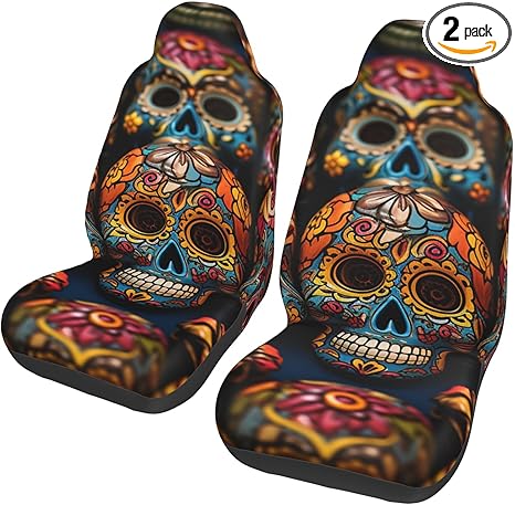 Colorful Sugar Skulls Car Front Seat Covers Set of 2, Elastic Breathable Car Front Seat Protector Soft Comfy Vehicle Seats Cushion Cover Car Accessories Universal Fit for Most SUV Sedan Truck - sugar skull car seat covers set