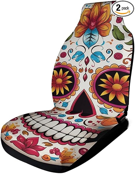 Colorful Sugar Skull Car Seat Cover Front Seats Protector - Universal Fit, Non-Slip & Stretch 1PCS Automotive Seat Covers for Sedans, SUVs, Trucks - sugar skull car seat covers set