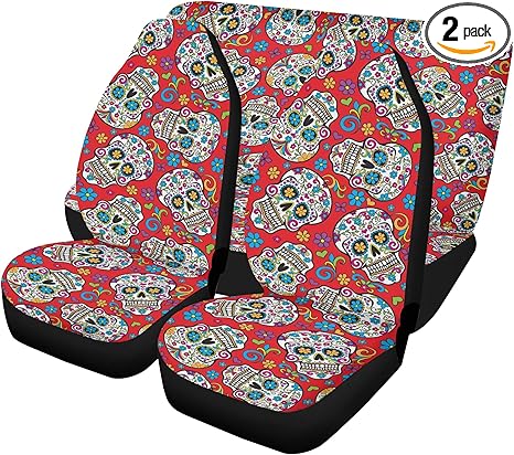 Colorful Sugar Skull Car Seat Covers and Custom Floor Mats – Dia de Los Muertos Calaveras Auto Interior Decor for Festive Seat and Floor Protection (2pcs Front seat Covers) - sugar skull car seat covers set