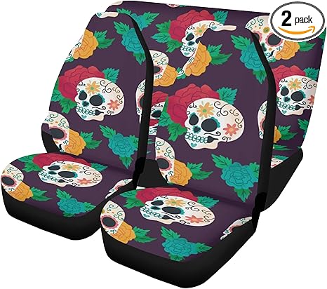 Fiesta Sugar Skull Car Seat Covers and Decorative Mats – Dia de Los Muertos Calaveras Candy Skull Auto Interior Kit for Seat and Carpet Protection (3pcs Front+Back seat Covers) - sugar skull car seat covers set