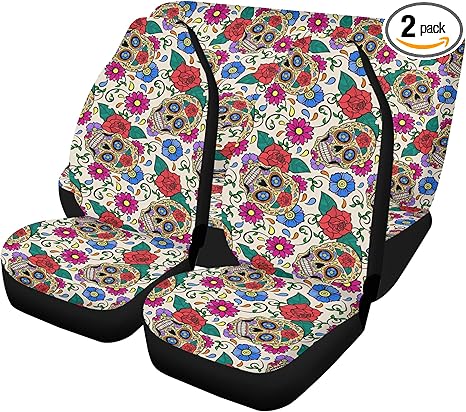 Dia de Los Muertos Sugar Skull Car Seat Covers and Floor Mats – Mexican Candy Skull Calaveras Auto Interior Set for Colorful Seat and Carpet Protection (3pcs Front+Back seat Covers) - sugar skull car floor mats