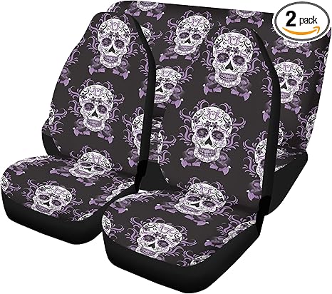 Mexican Sugar Skull Car Seat Covers and Bright Floor Mats – Dia de Los Muertos Calaveras Auto Upholstery Protection for Festive Vehicle Style (4pcs Front+Back mats) - sugar skull car floor mats