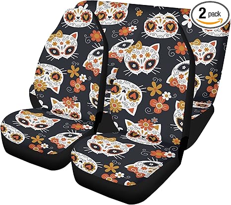 Dia de Los Muertos Sugar Skull Car Seat Covers and Coordinating Mats – Mexican Calaveras Auto Interior Set for Festive Car Style (3pcs Front+Back seat Covers) - sugar skull car floor mats