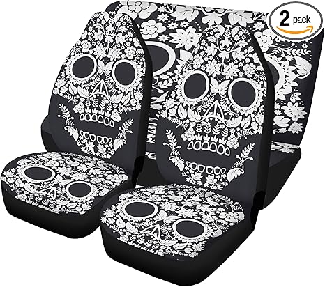 Dia de Los Muertos Sugar Skull Car Seat Covers with Matching Floor Mats – Mexican Candy Skull Calaveras Auto Interior Kit for Vibrant Festive Seat and Carpet Protection (2pcs Front seat Covers) - sugar skull car seat covers set